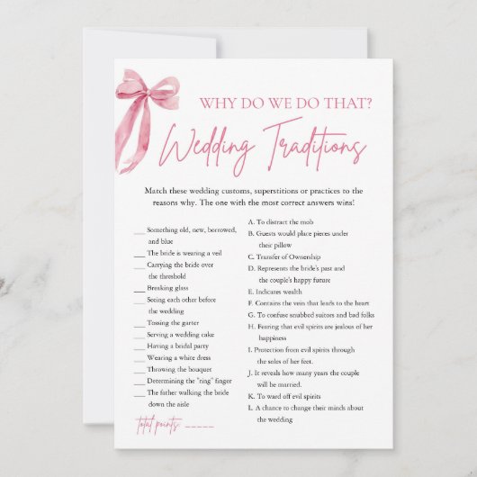 Pink Bow Hochzeitstraditionen Brautparty Game Einladung (Vorderseite)