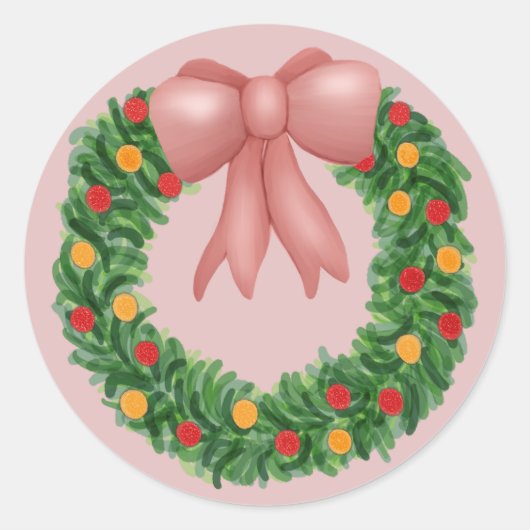 Pink Bow Holiday Wreath Runder Aufkleber (Vorderseite)