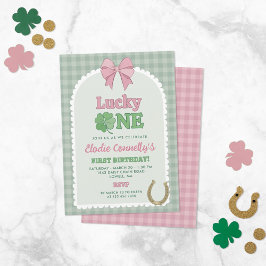 Pink Bow Horseshoe Clover Lucky One Birthday Einladung