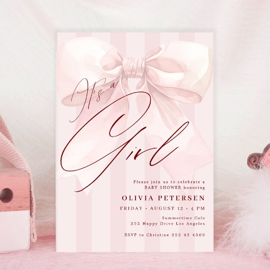 Pink bow its a girl script girl baby shower einladung