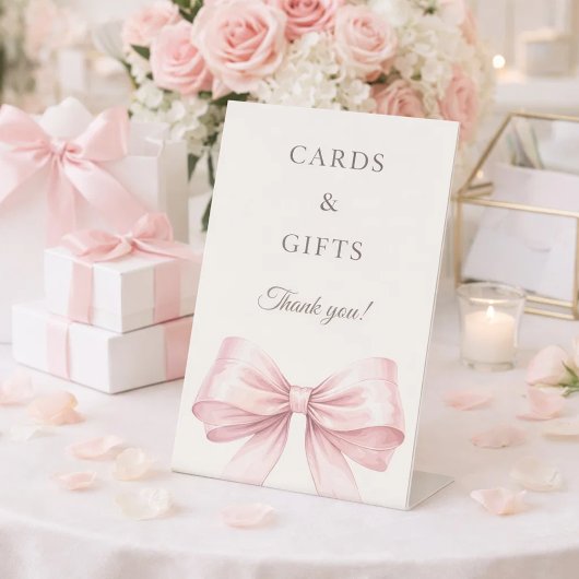 Pink bow ivory cards gifts sign sockelschild