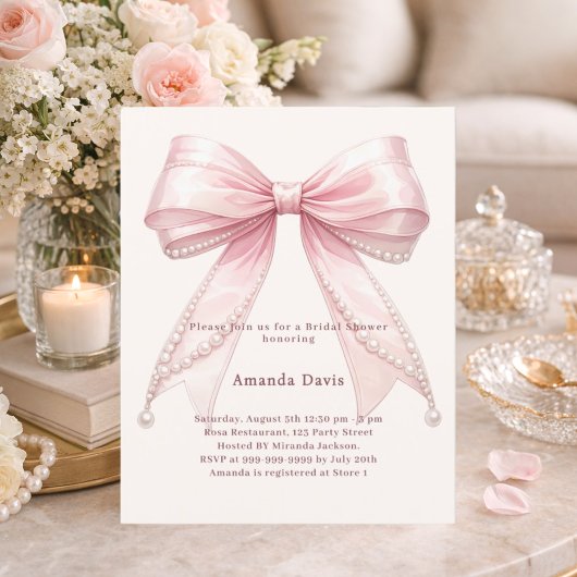 Pink bow ivory pearls Bridal Shower invitation
