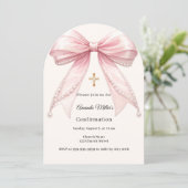 Pink bow ivory pearls girl Confirmation arch Einladung (Stehend Vorderseite)