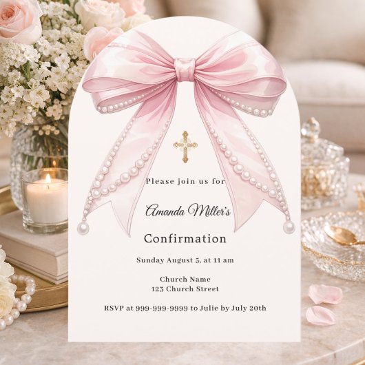 Pink bow ivory pearls girl Confirmation arch Einladung