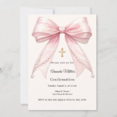 Pink bow ivory pearls girl elegant Confirmation Einladung (Vorderseite)