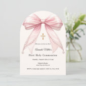 Pink bow ivory pearls girl First Communion Arch Einladung (Stehend Vorderseite)