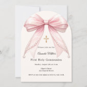Pink bow ivory pearls girl First Communion Arch Einladung (Vorderseite)