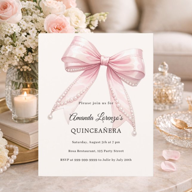 Pink bow ivory pearls Quinceanera invitation (Von Creator hochgeladen)
