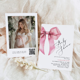 Pink Bow Kalligraphie Foto QR Code Baby Shooter Einladung