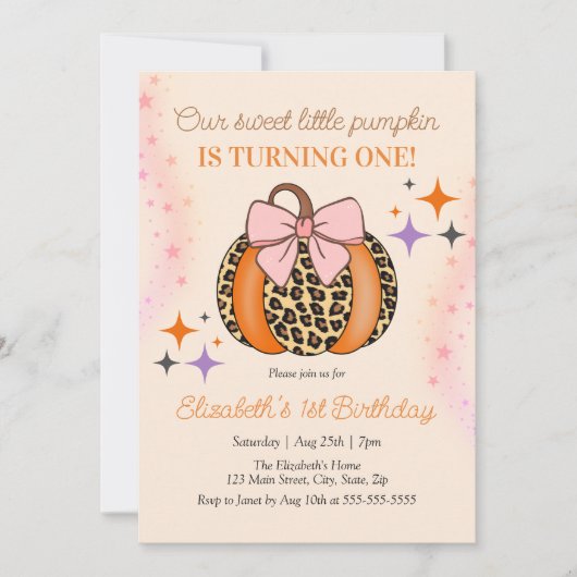 Pink Bow Leopard Little Sweet Pumpkin Birthday Einladung (Vorderseite)
