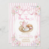 Pink Bow Let’s Par-tea Girl Birthday Stripe Floral Einladung (Vorne/Hinten)