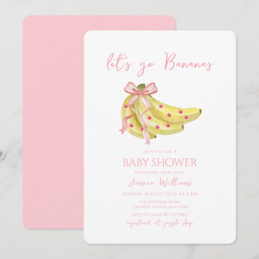 Pink Bow Let's Go Bananas Baby Shower Einladung (Vorne/Hinten)