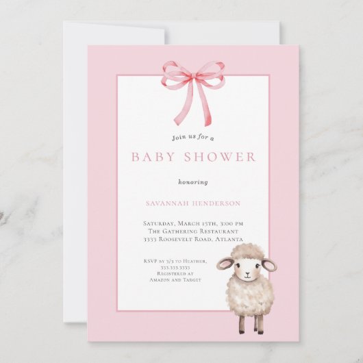 Pink Bow Little Lamb Baby Dusche Einladung (Vorderseite)