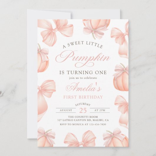 Pink Bow Little Pumpkin Geburtstag Einladung (Vorderseite)