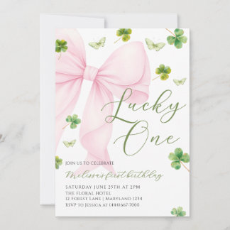 Pink Bow Lucky One Shamrock Clover 1st Birthday Einladung