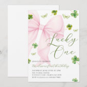 Pink Bow Lucky One Shamrock Clover 1st Birthday Einladung (Vorne/Hinten)