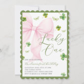Pink Bow Lucky One Shamrock Clover 1st Birthday Einladung (Vorderseite)