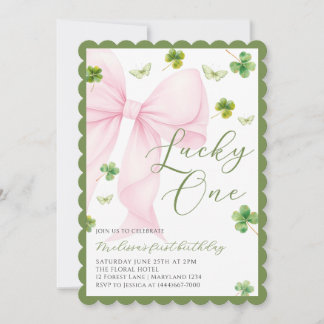 Pink Bow Lucky One Shamrock Clover 1st Birthday Einladung