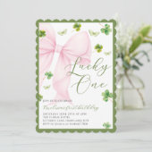 Pink Bow Lucky One Shamrock Clover 1st Birthday Einladung (Stehend Vorderseite)