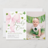 Pink Bow Lucky One Shamrock Clover 1st Birthday    Einladung (Vorderseite)