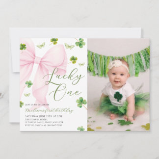 Pink Bow Lucky One Shamrock Clover 1st Birthday    Einladung