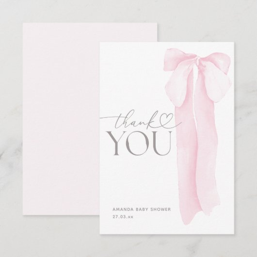 Pink Bow Minimalistisch Girl Baby Dusche Dankeskarte (Vorne/Hinten)