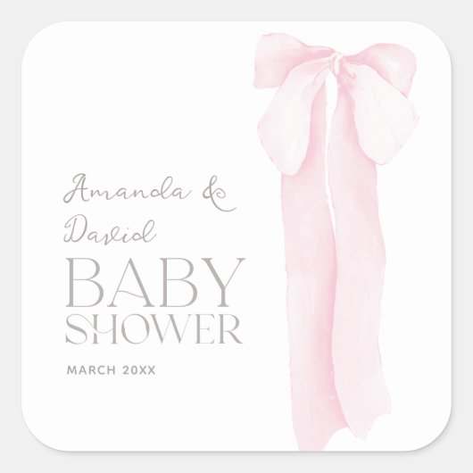 Pink Bow Minimalistisch Girl Baby Dusche Quadratischer Aufkleber (Vorderseite)