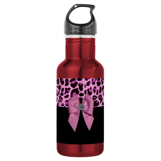 Pink Bow mit Diamond in Leopard Print Trinkflasche (Vorderseite)