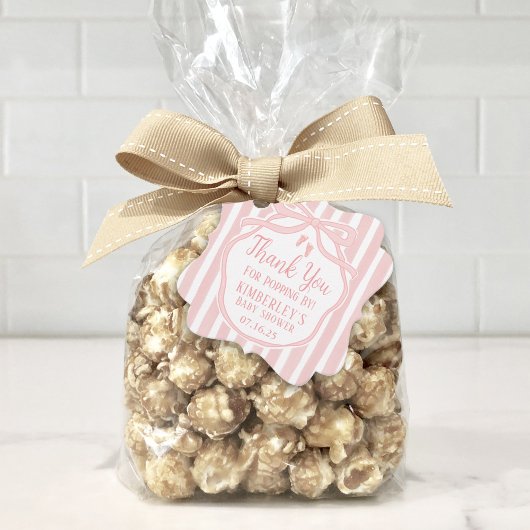 Pink Bow mit Streifen Popcorn Babydusche Geschenkanhänger