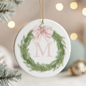 Pink Bow Monogram Wreath Christmas Keramik Ornament