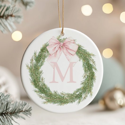 Pink Bow Monogram Wreath Christmas Keramik Ornament