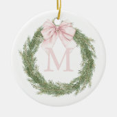 Pink Bow Monogram Wreath Christmas Keramik Ornament (Vorne)