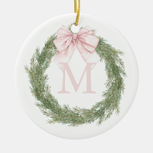 Pink Bow Monogram Wreath Christmas Keramik Ornament (Vorne)