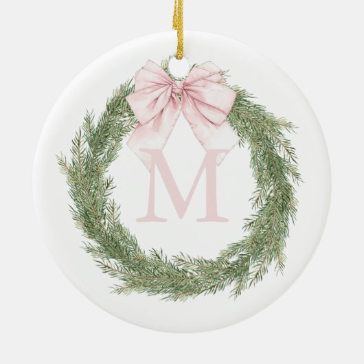 Pink Bow Monogram Wreath Christmas Keramik Ornament (Hinten)