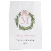 Pink Bow Monogram Wreath Christmas Mittlere Geschenktüte (Rückseite)