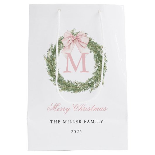 Pink Bow Monogram Wreath Christmas Mittlere Geschenktüte (Rückseite)