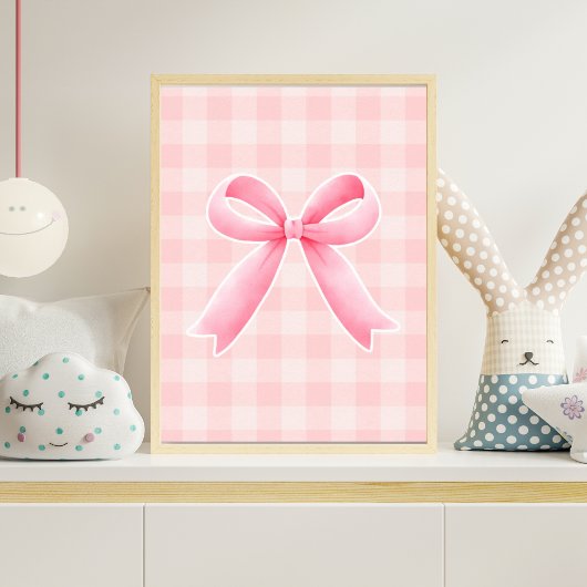 Pink Bow Nursery Wall Art Gingham Baby Girl Room Poster