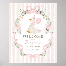 Pink Bow One Silly Goose 1st Birthday Welcome Poster