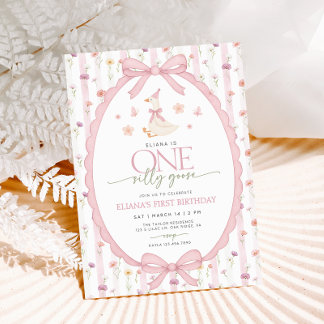 Pink Bow One Silly Goose Floral 1st Birthday Einladung