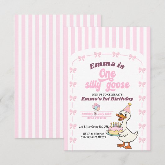 Pink Bow One Silly Goose Girl 1st Birthday Party  (Vorne/Hinten)