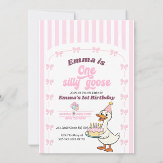 Pink Bow One Silly Goose Girl 1st Birthday Party  Einladung