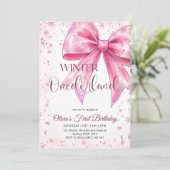 Pink Bow Onederland Christmas Birthday Party Einladung (Stehend Vorderseite)