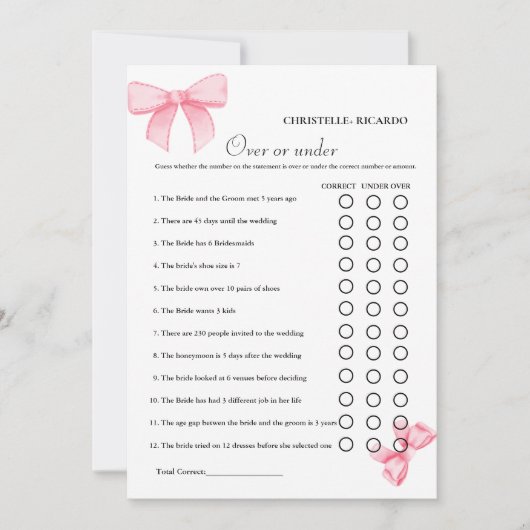 Pink Bow Over oder under Brautparty Game Card Ankündigung (Vorderseite)