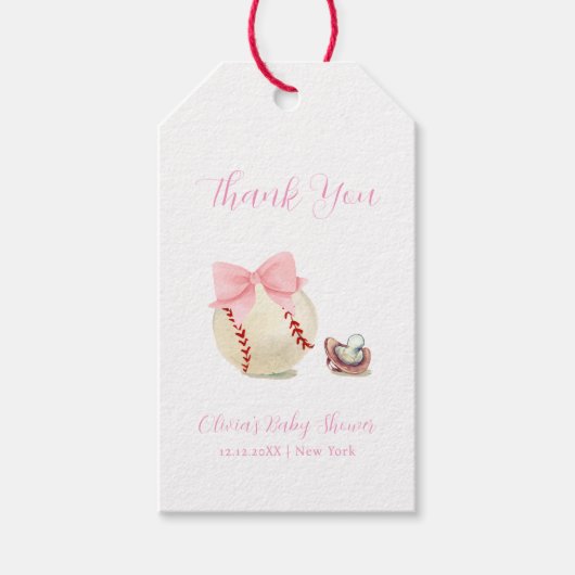 Pink Bow Pacifier Baseball Sport Girl Baby Shower Geschenkanhänger (Vorderseite)