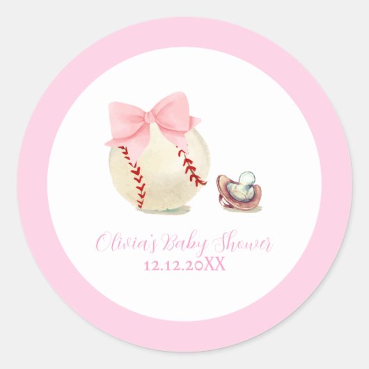 Pink Bow Pacifier Baseball Sport Girl Baby Shower Runder Aufkleber (Vorderseite)