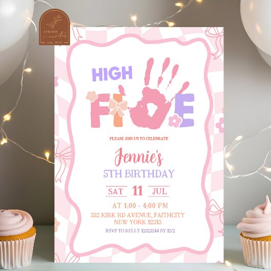 Pink Bow Pastel Retro High Five Party Birthday Einladung