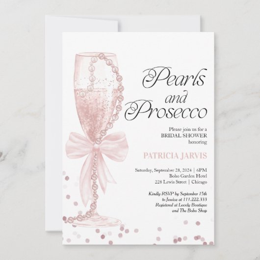 Pink Bow Pearls and Prosecco Brautparty Einladung (Vorderseite)