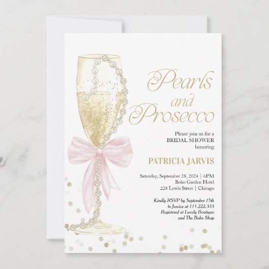 Pink Bow Pearls and Prosecco Brautparty Einladung (Vorderseite)