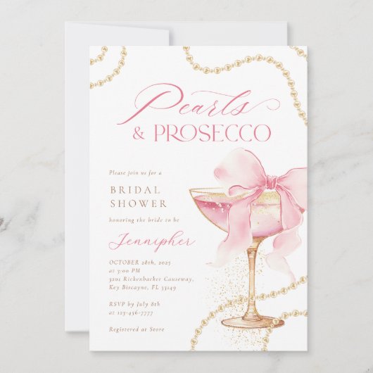 Pink Bow Pearls and Prosecco Brautparty Einladung (Vorderseite)