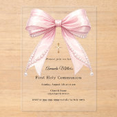 Pink bow pearls elegant luxury First Communion Acryleinladungen (Vorderseite)